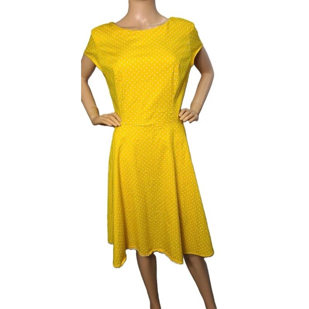 Dressystar Yellow Polka Dot A-Line Swing Dress 1950s Style 2XL 14 Rockabilly Pin